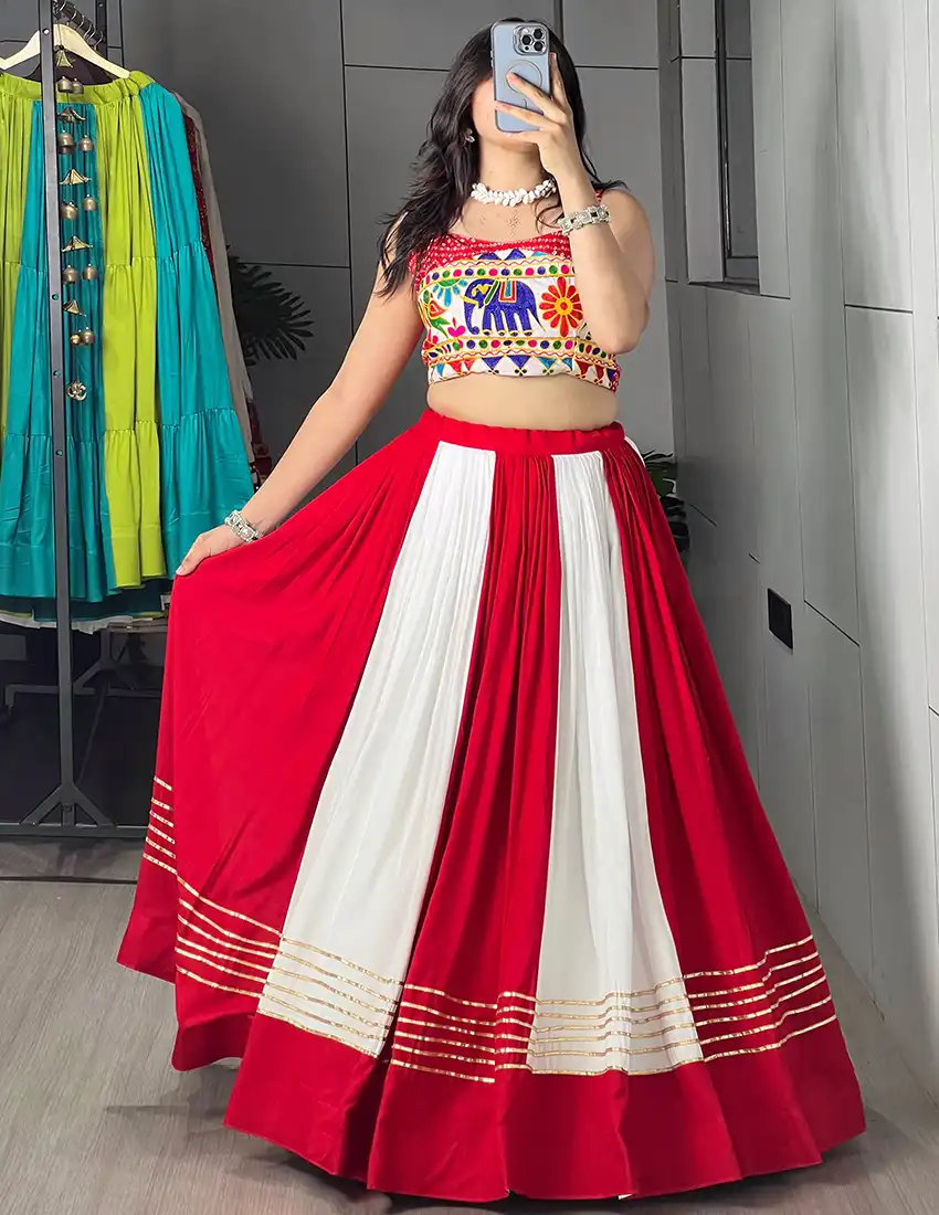 Red & White Chaniya Choli for Women Rayon Cotton Navratri Garba & Dandiya Lehenga Choli Set with Gamthi Work Red & White Chaniya Choli for Women Rayon Cotton Navratri Garba & Dandiya Lehenga Choli Set with Gamthi Work
