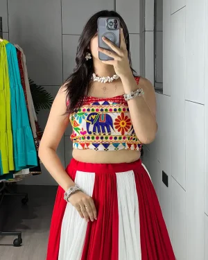 Red White Gujarati Chaniya Choli for Women Fully Stitched Navratri Lehenga Choli with Bandhani & Gamthi Work