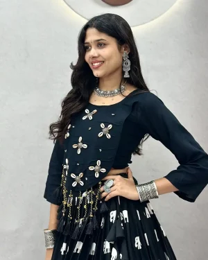 Traditional Black Navratri Lehenga Choli for Women Pure Cotton Heavy Hand Embroidery Full Stitched Garba Outfit