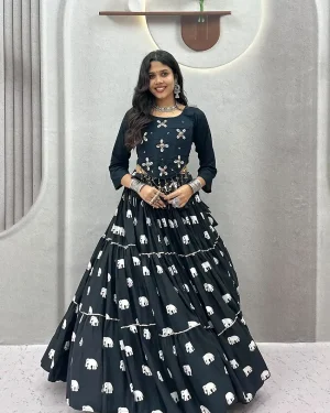 Women's Black Cotton Lehenga Choli Set Heavy Hand Kodi Work 9 Mtr Flare Garba & Navratri Collection