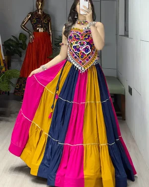 Women's Multicolor Navratri Lehenga Choli Set with Kutchi Mirror Work Designer Blouse