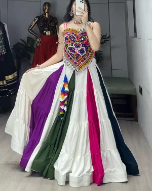 Women's Navratri Multicolor Lehenga Choli Set with Kutchi Mirror Work Silk Blouse Zankaar Rayon Garba Dandiya Outfit