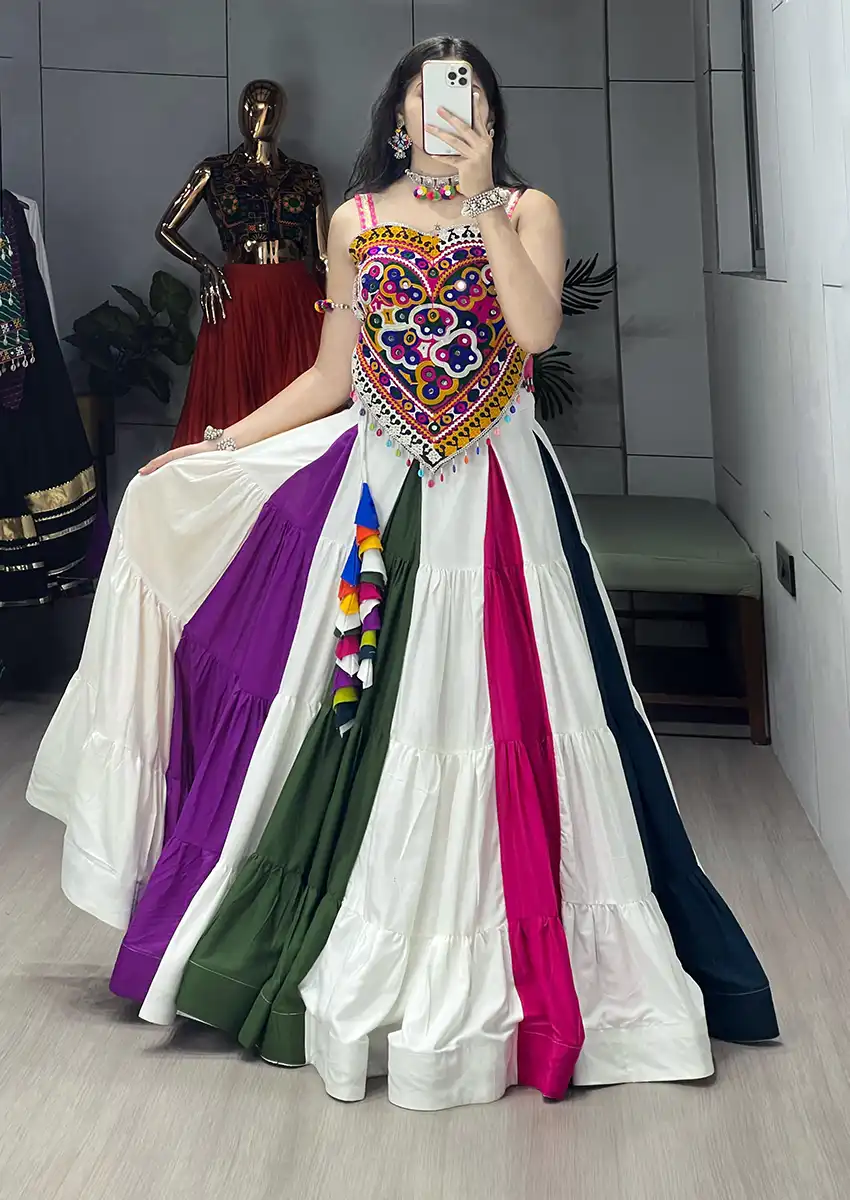 Women's Navratri Multicolor Lehenga Choli Set with Kutchi Mirror Work Silk Blouse Zankaar Rayon Garba Dandiya Outfit Women's Navratri Multicolor Lehenga Choli Set with Kutchi Mirror Work Silk Blouse Zankaar Rayon Garba Dandiya Outfit